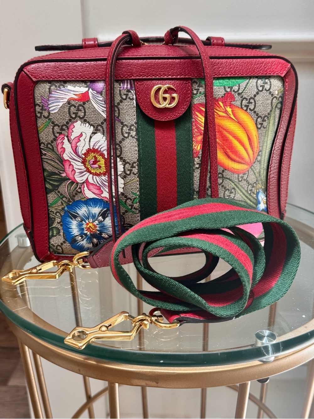 Authentic Gucci Floral GG Supreme Camera Bag with Red Trim and Green-Red Strap